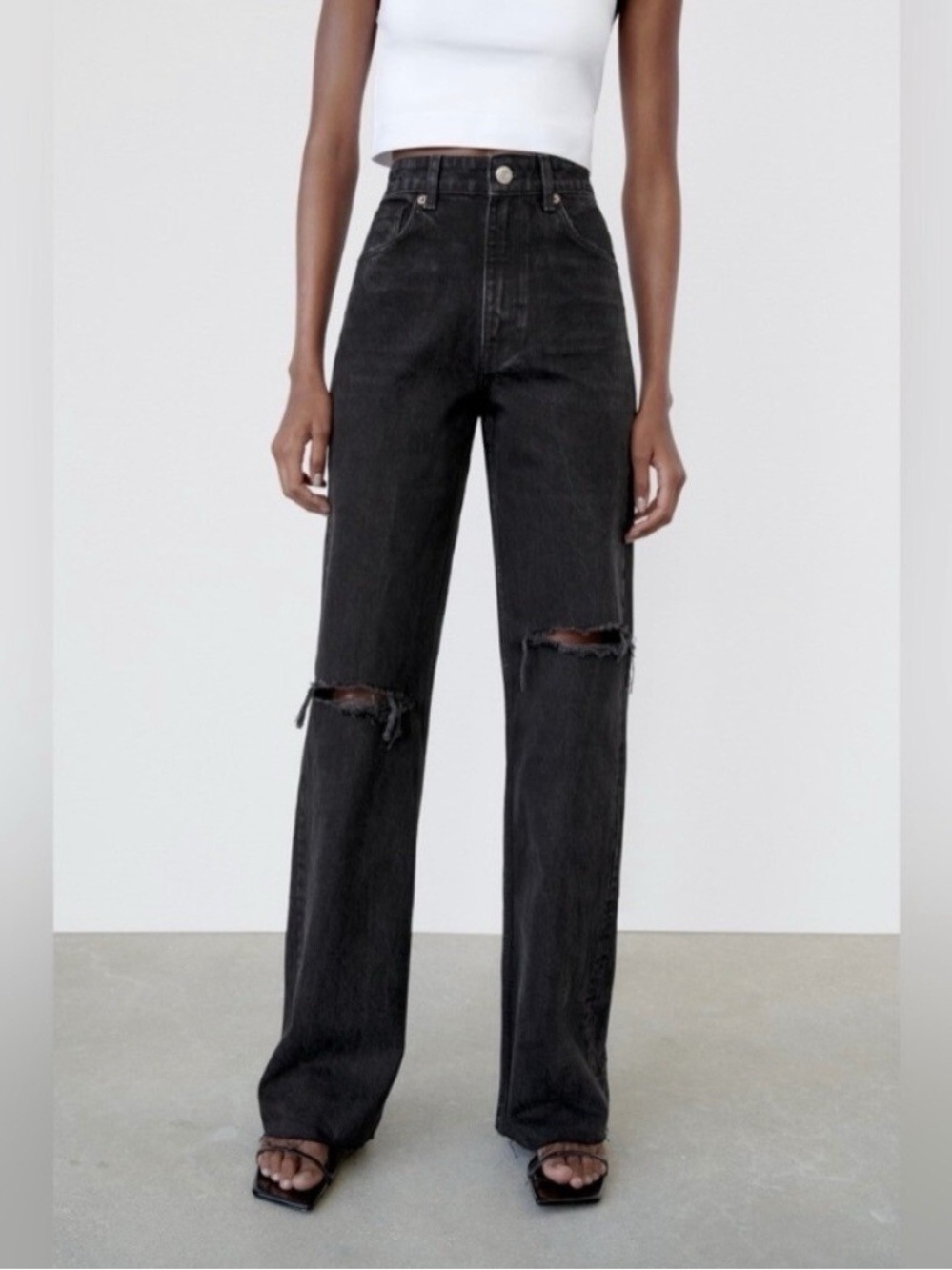 Zara Wide Leg Hi Rise Distressed Black Jean